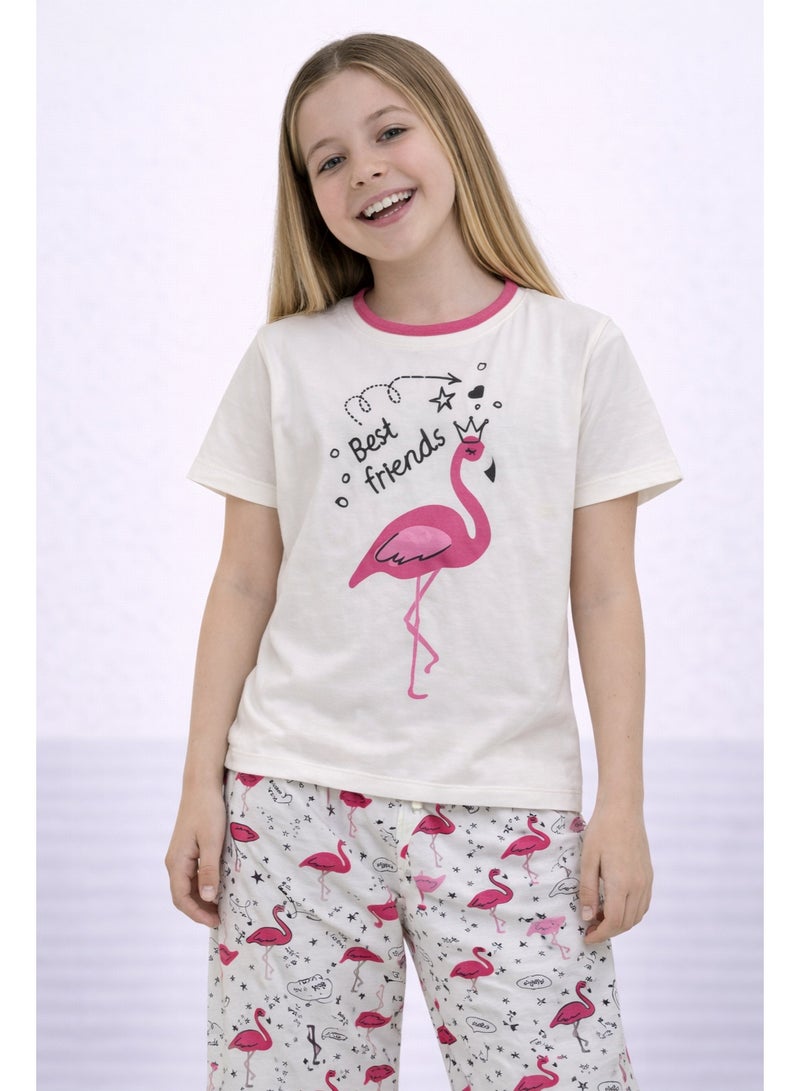 victor and jane Girls’ Pajama Set – Flamingo Graphic T-Shirt & Printed Pants - Image 2